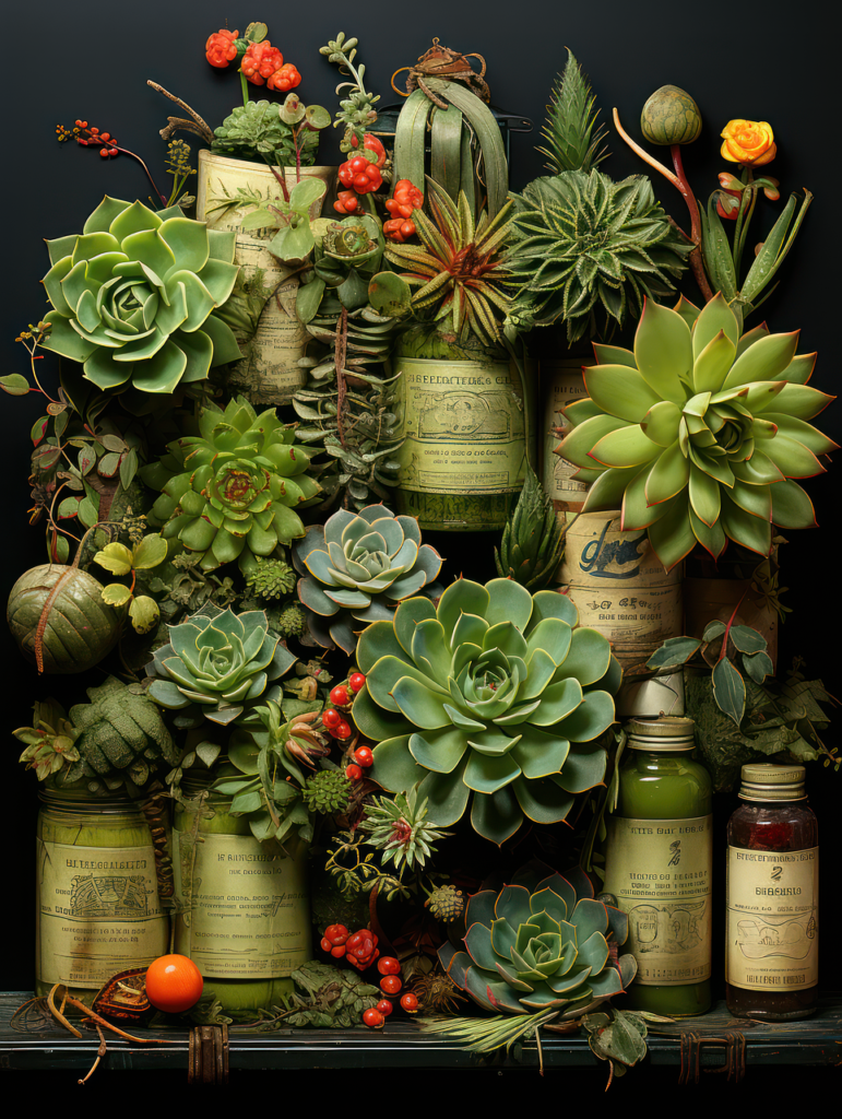 Succulent plants arranged in vintage containers, creating a charming and rustic look