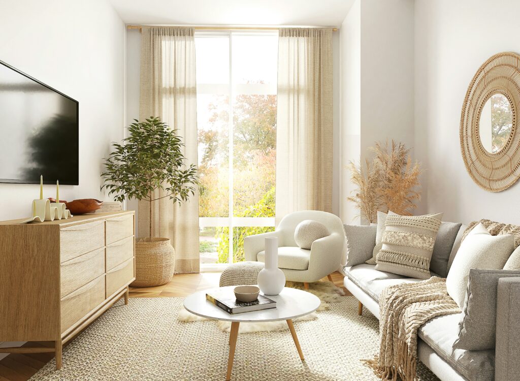 A minimalist living room with a beige sofa, green and white cushions, and a round coffee table.